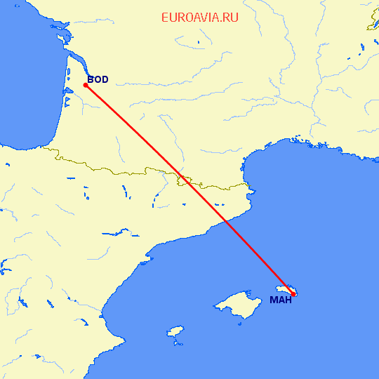перелет Бордо — Менорка на карте