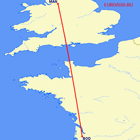 перелет Бордо — Манчестер на карте