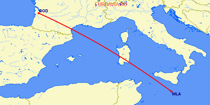 перелет Бордо — Мальта на карте