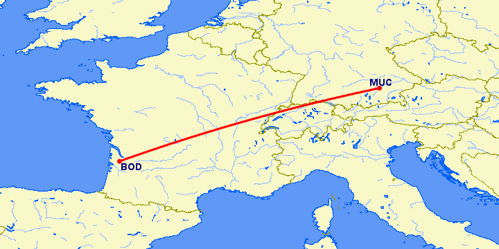 перелет Бордо — Мюнхен на карте