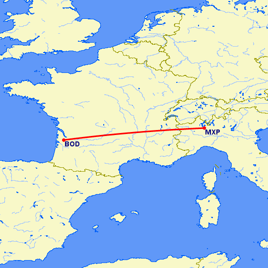 перелет Бордо — Милан на карте