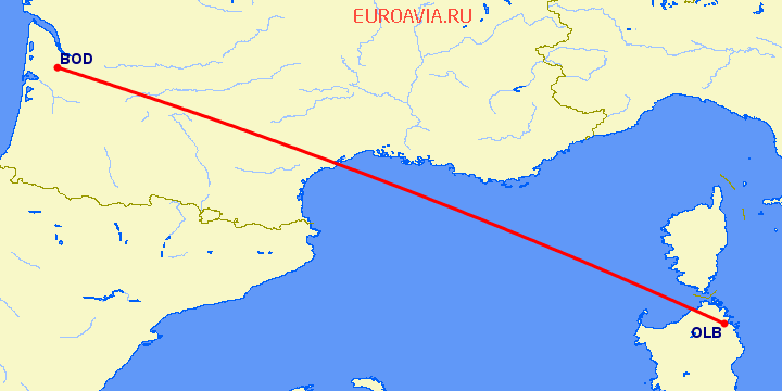 перелет Бордо — Costa Smeralda на карте