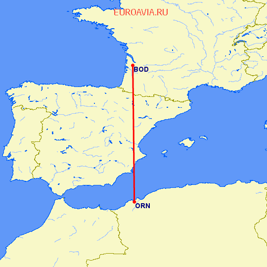 перелет Бордо — Оран на карте