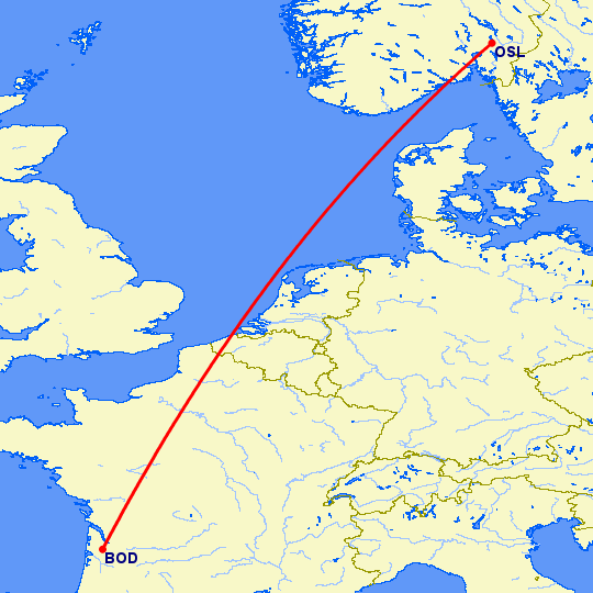 перелет Бордо — Осло на карте