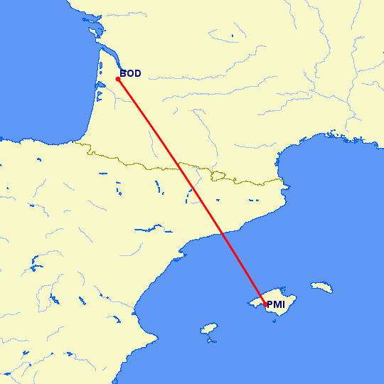 перелет Бордо — Пальма де Майорка на карте