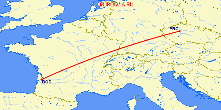 перелет Бордо — Прага на карте