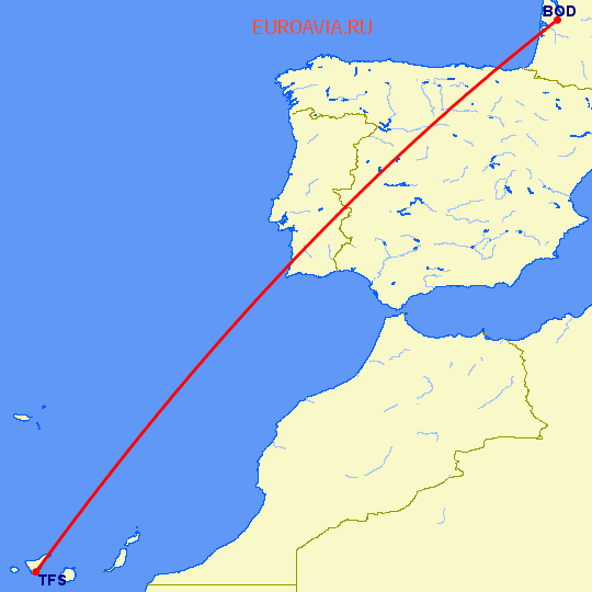 перелет Бордо — Тенерифе на карте