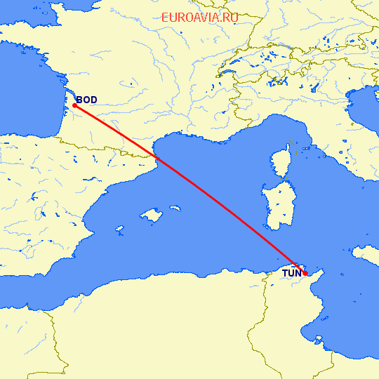 перелет Бордо — Тунис на карте