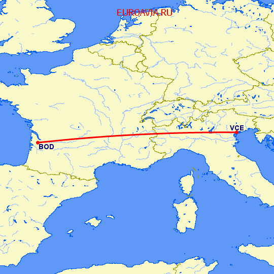 перелет Бордо — Венеция на карте