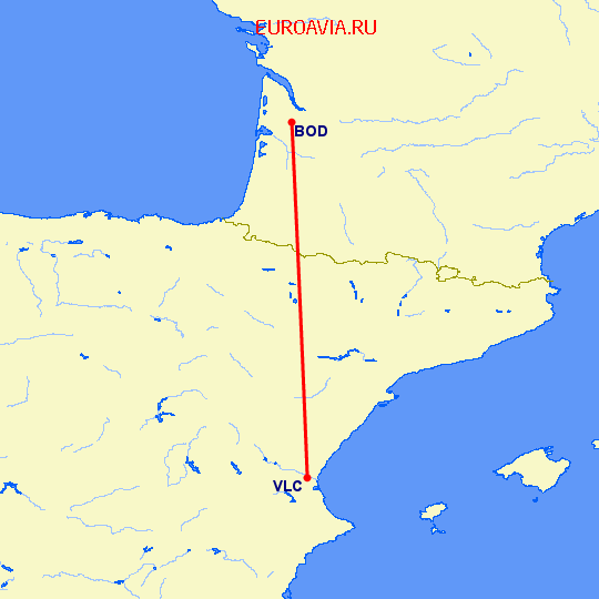 перелет Бордо — Валенсия на карте