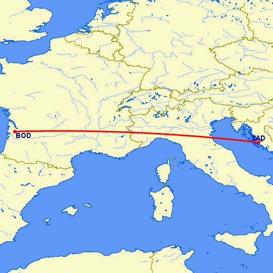 перелет Бордо — Задар на карте