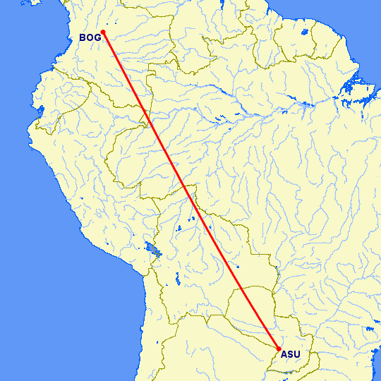перелет Богота — Асунсьон на карте