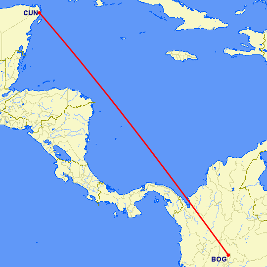 перелет Богота — Канкун на карте