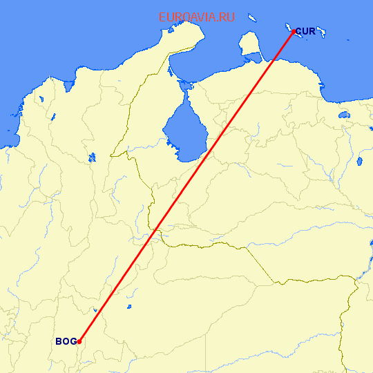 перелет Богота — Кюрасао на карте
