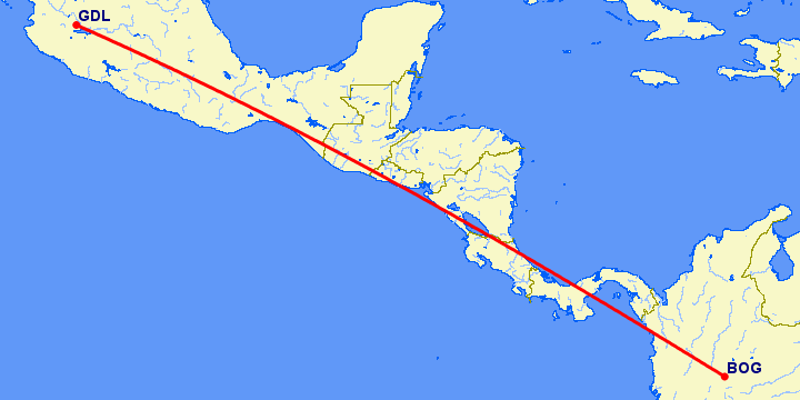 перелет Богота — Гуадалахара на карте