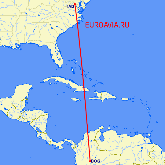 перелет Богота — Вашингтон на карте