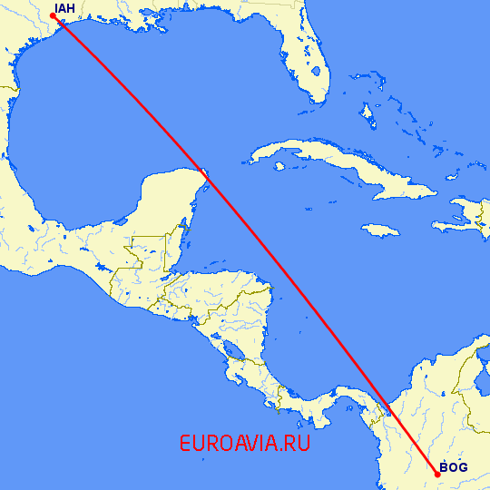 перелет Богота — Хьюстон на карте