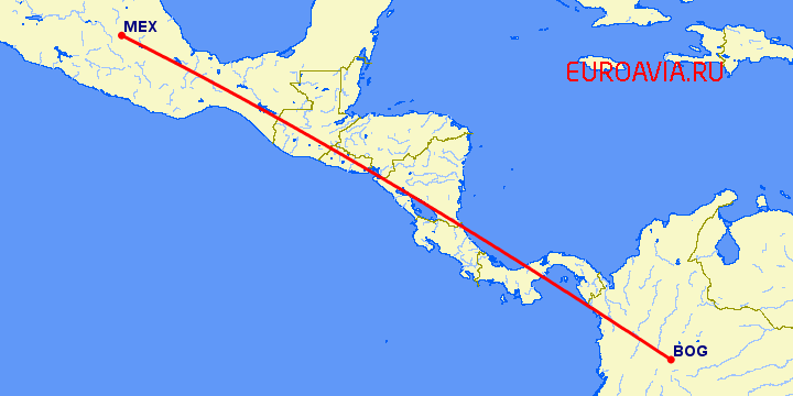 перелет Богота — Мексико Сити на карте