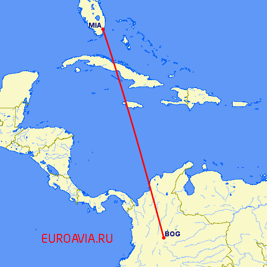 перелет Богота — Майами на карте