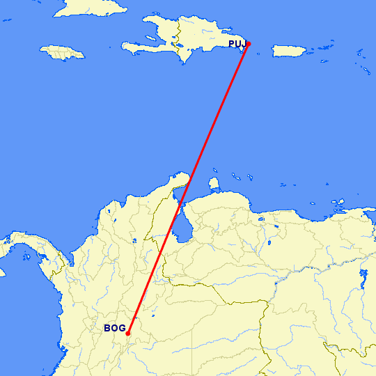 перелет Богота — Пунта Кана на карте
