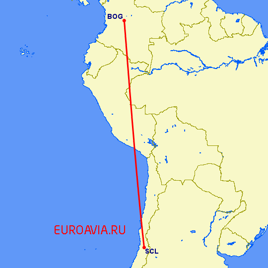 перелет Богота — Сантьяго на карте