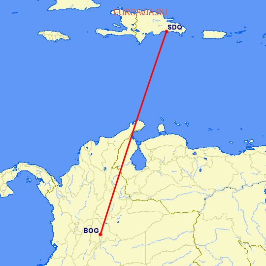 перелет Богота — Санто Доминго на карте