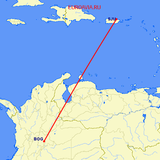 перелет Богота — Сан Хуан на карте