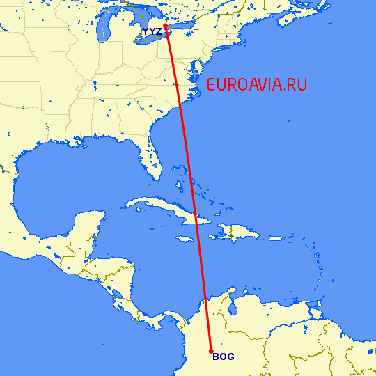 перелет Богота — Торонто на карте