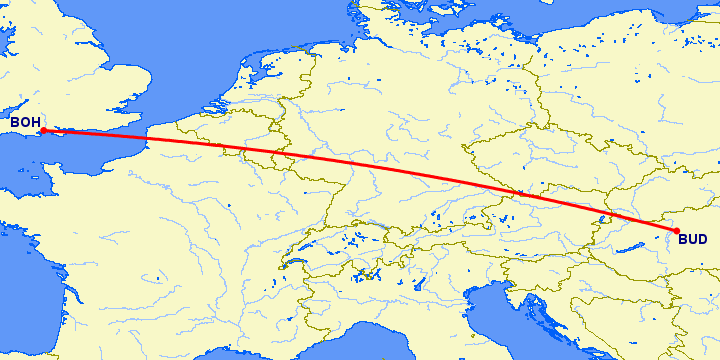 перелет Борнмут — Будапешт на карте