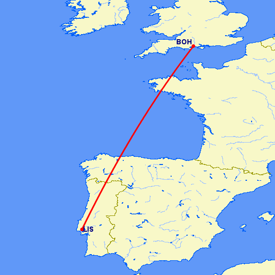перелет Борнмут — Лиссабон на карте