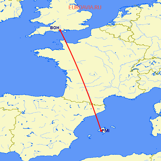 перелет Борнмут — Пальма де Майорка на карте