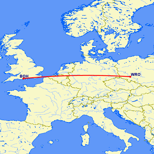 перелет Борнмут — Вроцлав на карте