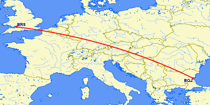 перелет Бургас — Бристоль на карте