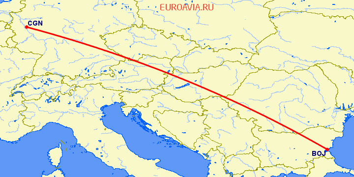 перелет Бургас — Кельн на карте