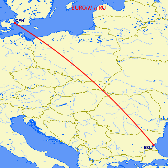 перелет Бургас — Копенгаген на карте