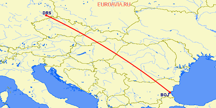 перелет Бургас — Дрезден на карте