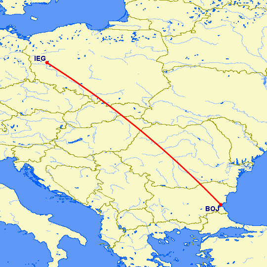 перелет Бургас — Зелена Гора на карте