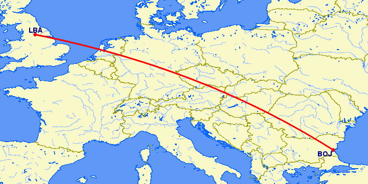 перелет Бургас — Лидс на карте
