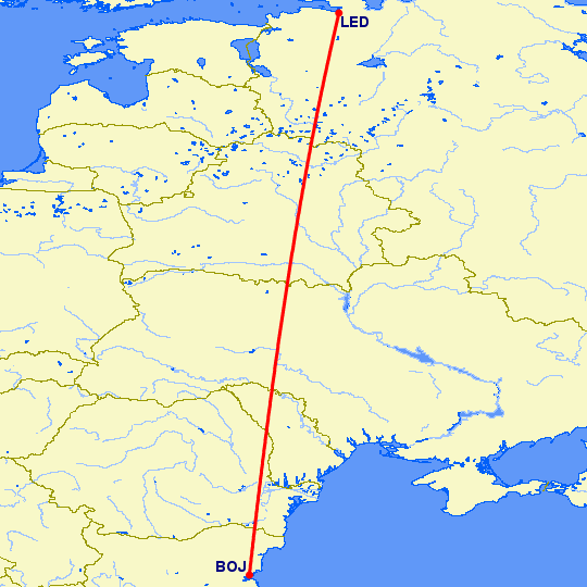 перелет Бургас — Санкт Петербург на карте