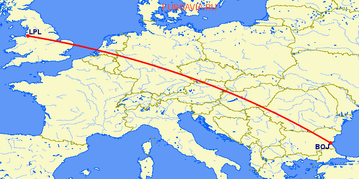 перелет Бургас — Ливерпуль на карте