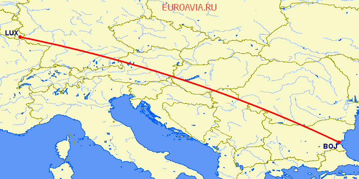 перелет Бургас — Люксембург на карте