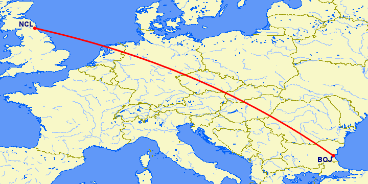 перелет Бургас — Ньюкасл на карте