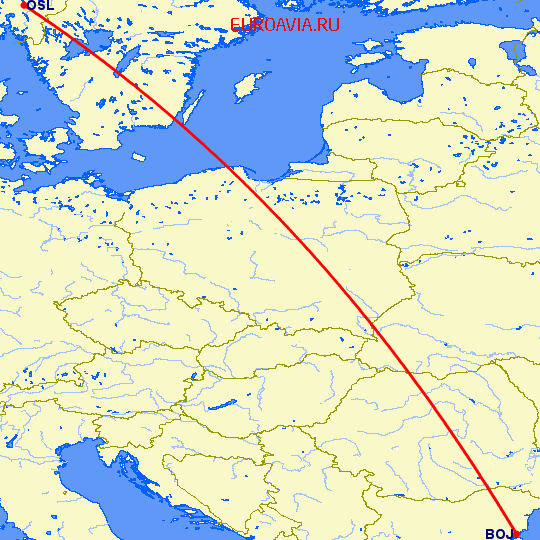 перелет Бургас — Осло на карте
