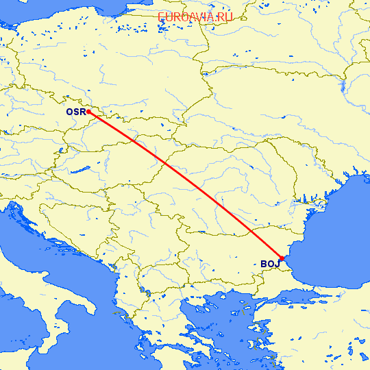 перелет Бургас — Острава на карте