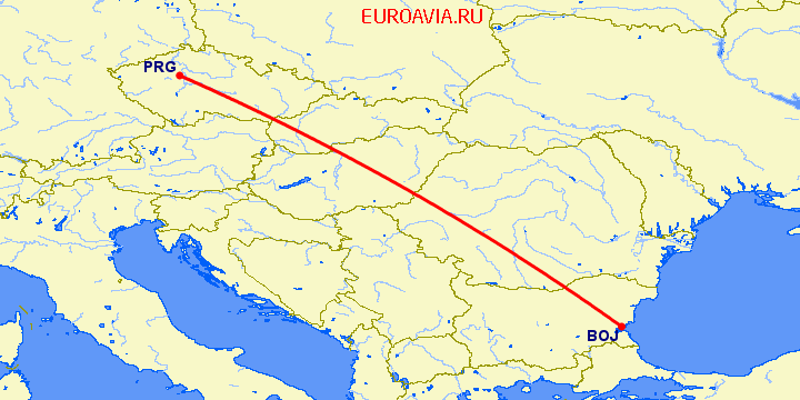 перелет Бургас — Прага на карте