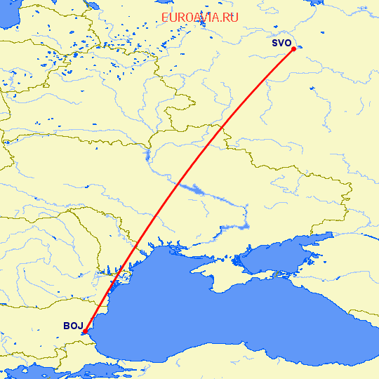 перелет Бургас — Москва на карте