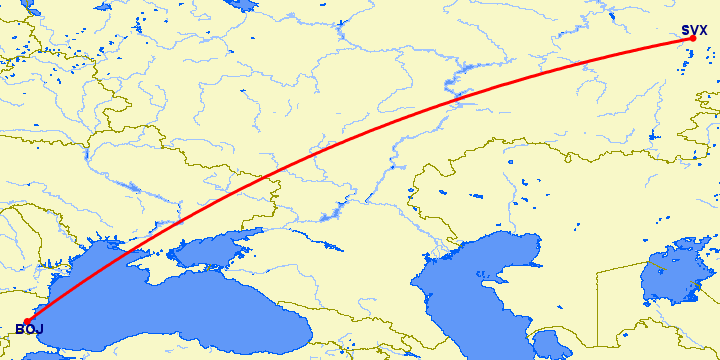 перелет Бургас — Екатеринбург на карте