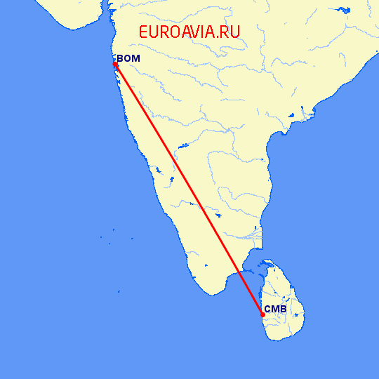перелет Бомбей — Коломбо на карте
