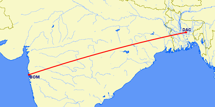 перелет Бомбей — Dhaka на карте