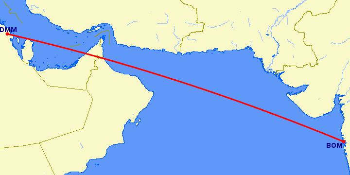 перелет Бомбей — Даммам на карте